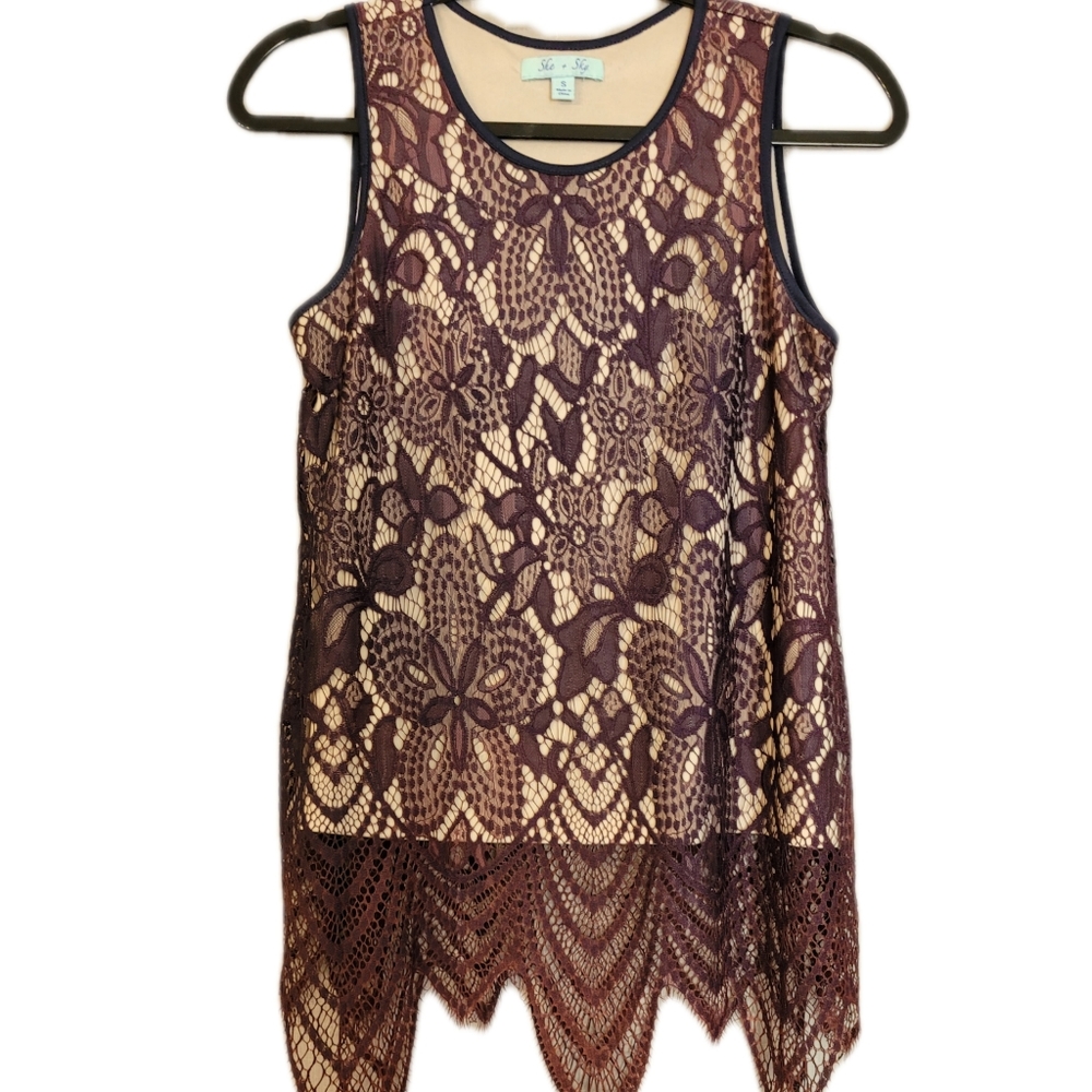 She + Sky tank top with Lace Over-lay Size Small Burgundy Color - Picture 1 of 8